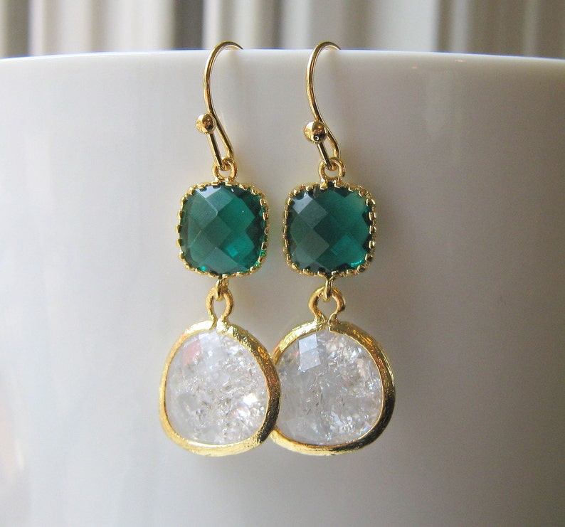 Emerald Green & Clear Bridesmaid Earrings / Glass Dangle / Drop Earrings / Wedding / Bridal Party / 14K Gold Filled Wire / Dangle image 1