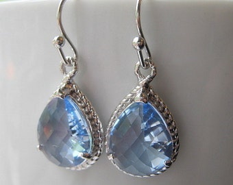 Ice Blue Earrings, Glass, Dangle, Teardrop Earrings, Bridesmaids, Wedding, 14K Gold Filled Wire, Gift, Something Blue, Blue Glass Earrings