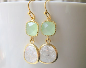 Mint Green & Clear Bridesmaid Earrings / Glass Dangle / Drop Earrings / Wedding / Bridal Party / 14K Gold Filled Wire / Dangle