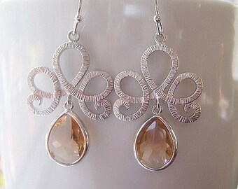 Peach Blush Scroll Filigree Vintage Style Silver Glass Teardrop Dangle Earrings, Bridal Earrings, Bridesmaids, Wedding, Teardrop