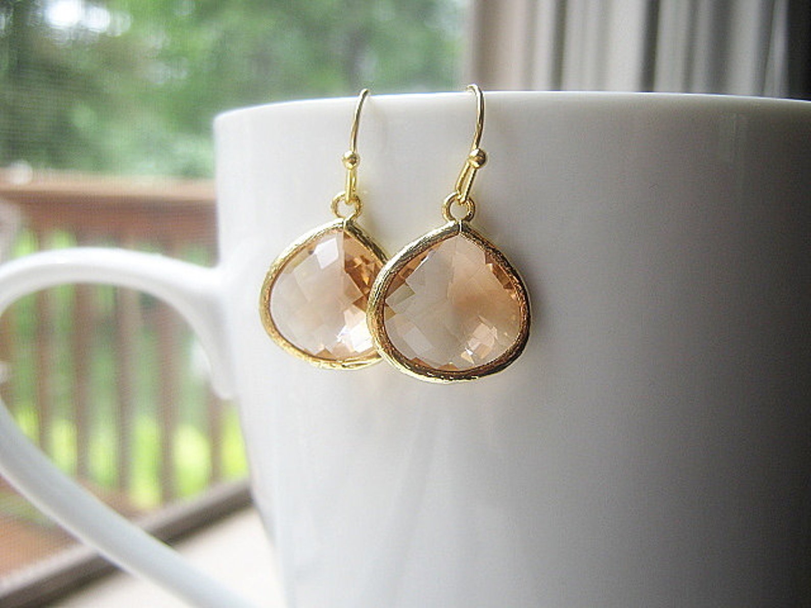 Blush Drop Earrings, Gold Teardrop, Bridesmaid Earrings Glass Dangle