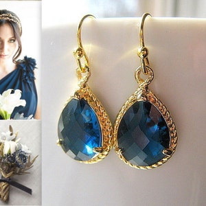 Blue Sapphire Gold Teardrop Earrings / Glass Dangle / Navy Blue / Montana Blue / Bridesmaids / Wedding / 14K Gold Filled Wire / September
