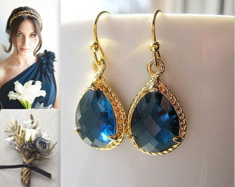 Blue Sapphire Gold Teardrop Earrings / Glass Dangle / Navy Blue / Montana Blue / Bridesmaids / Wedding / 14K Gold Filled Wire / September