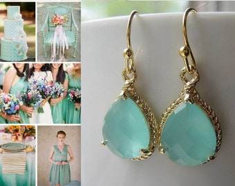 Mint Gold Earrings / Sea Glass / Dangle / Teardrop /  Bridesmaids /  Wedding / 14K Gold Filled Wire / Blue Green / Drop Earrings
