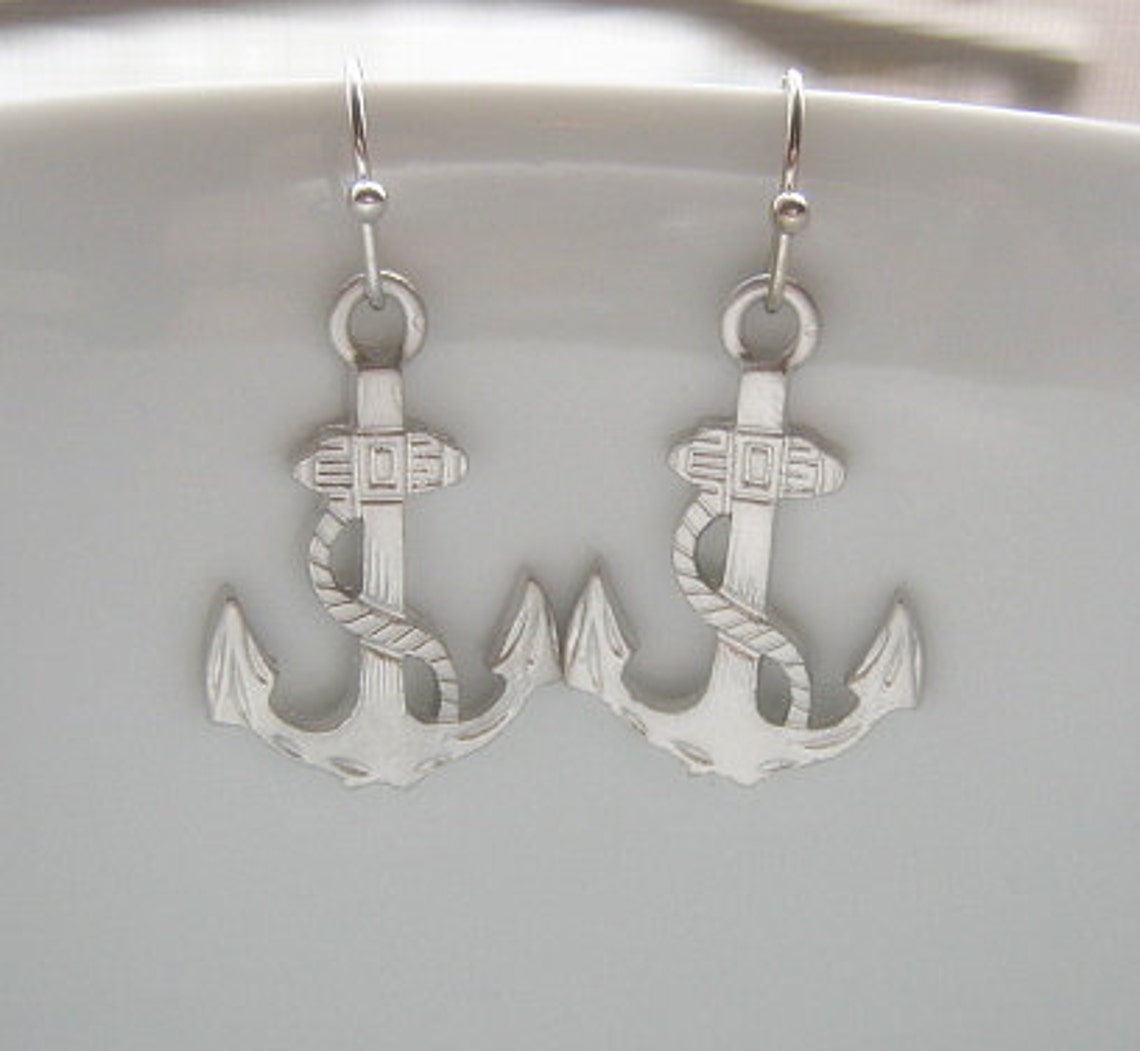 Nautical Anchor Silver Dangle Earrings Nautical Earrings Etsy
