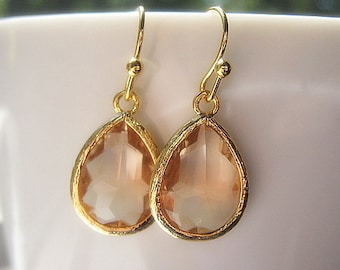 Blush Drop Earrings, Bridesmaids, Champagne Gold Glass Dangle Teardrop Earrings, Wedding, 14K Gold Filled Wire, Pink Peach, Sets Available