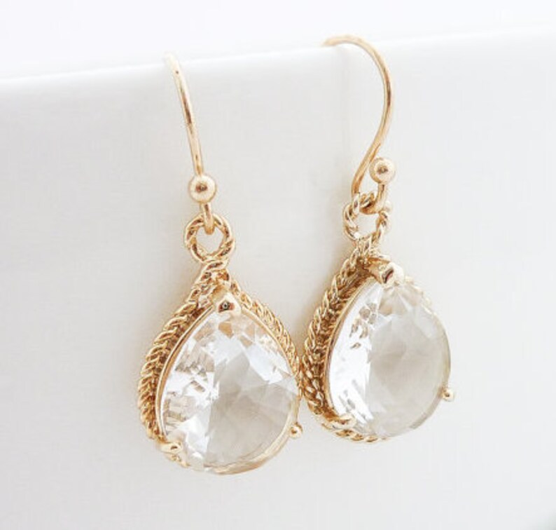 Crystal Clear Gold Teardrop Earrings / Crystal Drop Earrings / Glass Dangle / Bridesmaids / Wedding / 14K Gold Filled Wire / White Topaz image 3