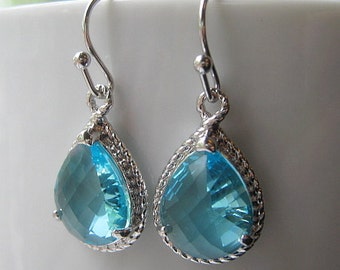 Aquamarine Drop Earrings / Glass Dangle / Teardrop / Aqua Blue / Bridesmaids / Wedding / Teardrop / 14K Gold Filled Wire