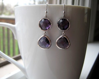 Purple Amethyst Glass Teardrop Dangle Earrings, Color Block, Bridal, Bridesmaids, Wedding, Everyday Casual or Dressy