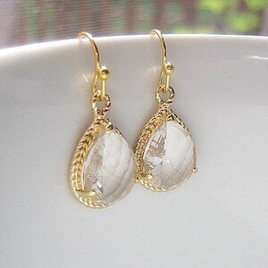 Crystal Clear Gold Teardrop Earrings / Crystal Drop Earrings / Glass Dangle / Bridesmaids / Wedding / 14K Gold Filled Wire / White Topaz image 2