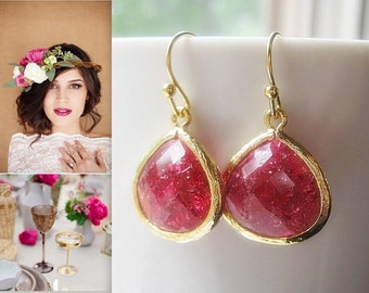 Ruby Fuchsia Gold Bridesmaid Earrings Glass Dangle Teardrop, Bridal, Wedding, Teardrop Earrings, 14K Gold Filled Wire, Bridesmaids