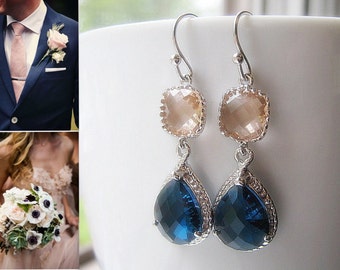 Navy Blue & Blush Earrings Bridesmaids / Glass Dangle Teardrop /  Wedding / Bridal / 14K Gold Filled Wire / Silver Champagne / Montana Blue