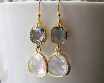 Charcoal Gray & Clear Bridesmaid Earrings / Glass Dangle / Drop Earrings / Wedding / Bridal Party / 14K Gold Filled Wire / Dangle