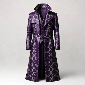 Gabardina victoriana de cuero con estampado de serpiente púrpura gótica, frac de vampiro para cosplay de hombre, disfraz steampunk con estampado de pitón para Halloween