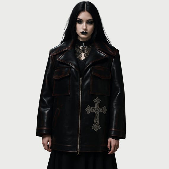 Victorian Gothic Trench Style Leather Jacket Gothic Steampunk