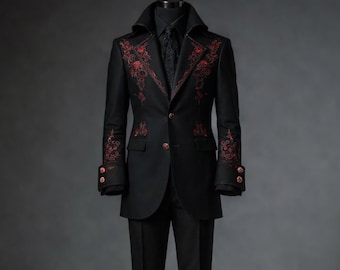 Gothic Vampir Viktorianischer Schwarzer Baumwoll Trenchcoat, Herren Rot Gestickter Tail Coat, Goth Hochzeit Steampunk Mantel