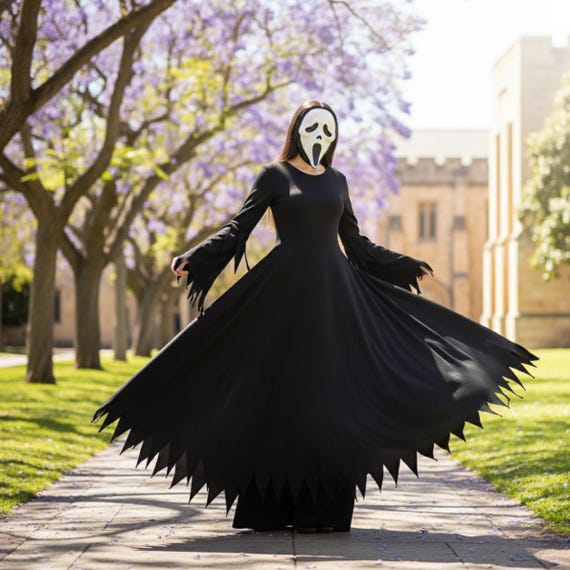 black ghostface dress Adult Womens Halloween Long Black Scream Style Costume Ghost Face Fancy Dress