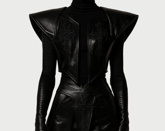 Schwarze Gothic Leder Korsett Weste: Geprägtes Kreuz Design, Steampunk Jacke