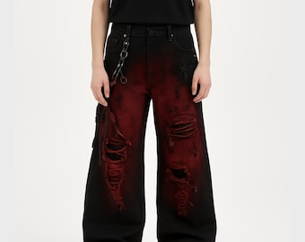 Red Distressed Wide Leg Jeans: Unisex Y2k Streetwear