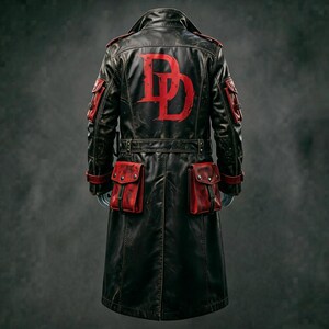 Red Devil Leather Trench Coat, Devil of Hell's Kitchen Long Coat, Blind Hero Tactical Cosplay Jacket, Gothic Comic Book Cosplay Costume