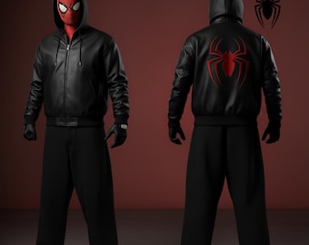 Men's Black Spiderman Leather Jacket, Handmade Gothic Unique Style Bomber Jacket for Men, Spider Icon Jacket, Halloween Cosplay Costume