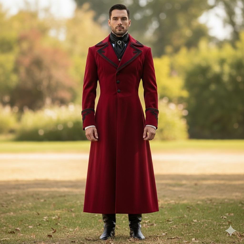 Victorian Gothic Vampire Trench Coat | Red Embroidered Steampunk