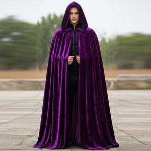 Purple Hooded Velvet Cape, Goth Vampire Cloak, Medieval Cloak, Men&#39;s Vampire Costume, Witch Wizard Cape, Long Vampire Cloak Goth Velvet Cape