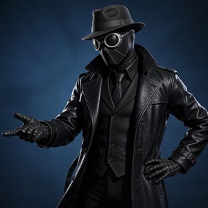 K&ouml;nnte beinhalten: Ein schwarzer Trenchcoat, eine Weste und eine Krawatte, kombiniert mit einem passenden Fedora-Hut und einer Vollgesichtsmaske mit runden, wei&szlig; umrandeten Schutzbrillen. Die strukturierten schwarzen Handschuhe zeigen ein feines Netzmuster.