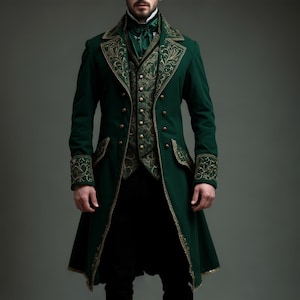 May include: A dark green, double-breasted coat with gold embroidery, a matching waistcoat, and a green cravat. The coat has gold trim. The outfit is a formal, vintage style, reminiscent of historical attire.