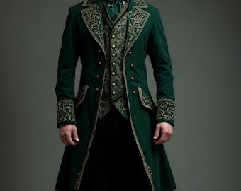 Viktorianischer Gothic Grüner Vampir Trenchcoat, Baumwolle Grün und Gold Gestickter Steampunk Langer Tailmantel