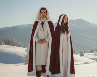 Red Velvet Christmas Hooded Cloak, Faux Fur Trim, Medieval Cape