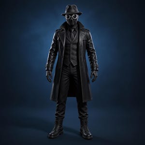 K&ouml;nnte beinhalten: Eine Ganzk&ouml;rperfigur in einem komplett schwarzen Outfit, bestehend aus einem langen Trenchcoat, einer gekn&ouml;pften Weste, einem Hemd mit Krawatte und einer Hose. Das Ensemble umfasst einen Fedora-Hut, eine runde Schutzbrille, eine Maske und Handschuhe.