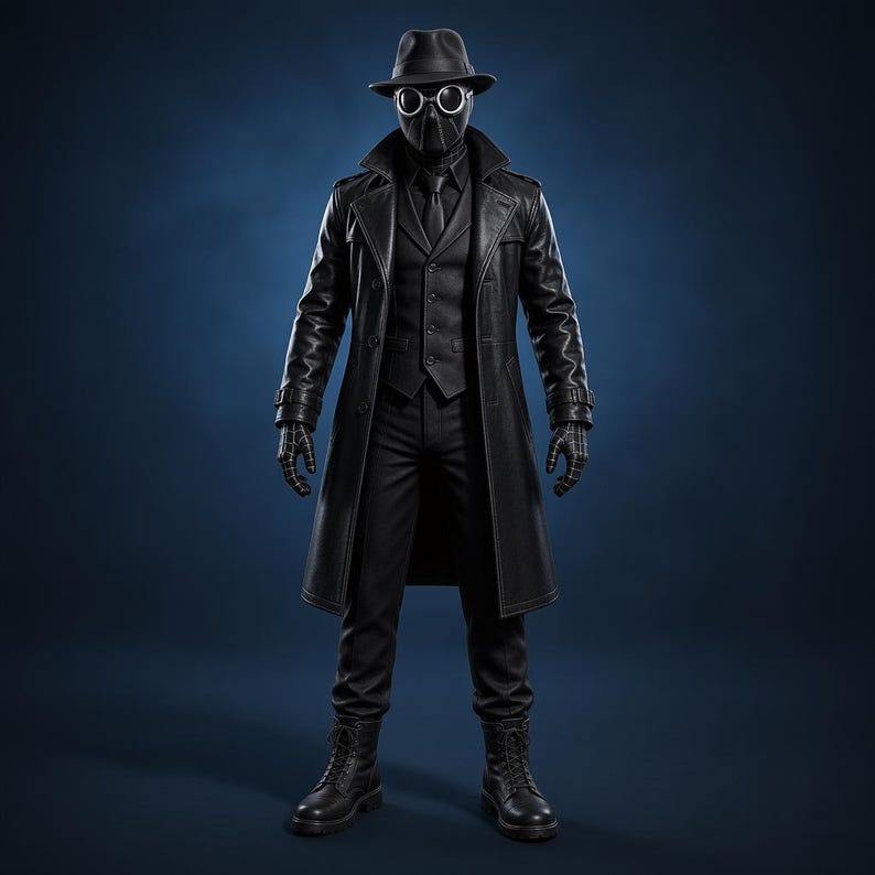 K&ouml;nnte beinhalten: Eine Ganzk&ouml;rperfigur in einem komplett schwarzen Outfit, bestehend aus einem langen Trenchcoat, einer gekn&ouml;pften Weste, einem Hemd mit Krawatte und einer Hose. Das Ensemble umfasst einen Fedora-Hut, eine runde Schutzbrille, eine Maske und Handschuhe.