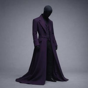 Frac gótico victoriano morado, gabardina larga steampunk para hombre, abrigo largo de vampiro, chaqueta cyberpunk medieval renacentista