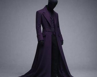 Viktorianischer Gothic Lila Tailcoat, Langer Steampunk Trenchcoat für Herren, Vampir Duster in voller Länge, Mittelalterliche Renaissance Cyberpunk Jacke