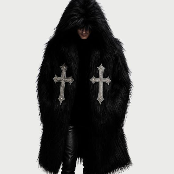 Gothic Fur Long Coat: Steampunk Cross Jacket - Festival Rave