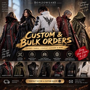 Custom Bulk Clothing Order, Wholesale Leather and Fabric Apparel, Cosplay Costumes, Jackets Coats & Custom Made Outfits