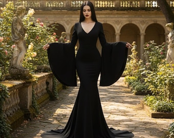 Morticia Addams Gothic Dress, Wednesday Black Goth Dress, Morticia Addams Train Gown Dress Women's Halloween Costume Dress Witchy Maxi Dress