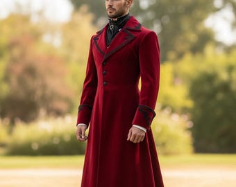 Victorian Gothic Vampire Trench Coat | Red Embroidered Steampunk Jacket | Men's Steampunk Victorian Wedding Velvet Coat | Halloween Costume