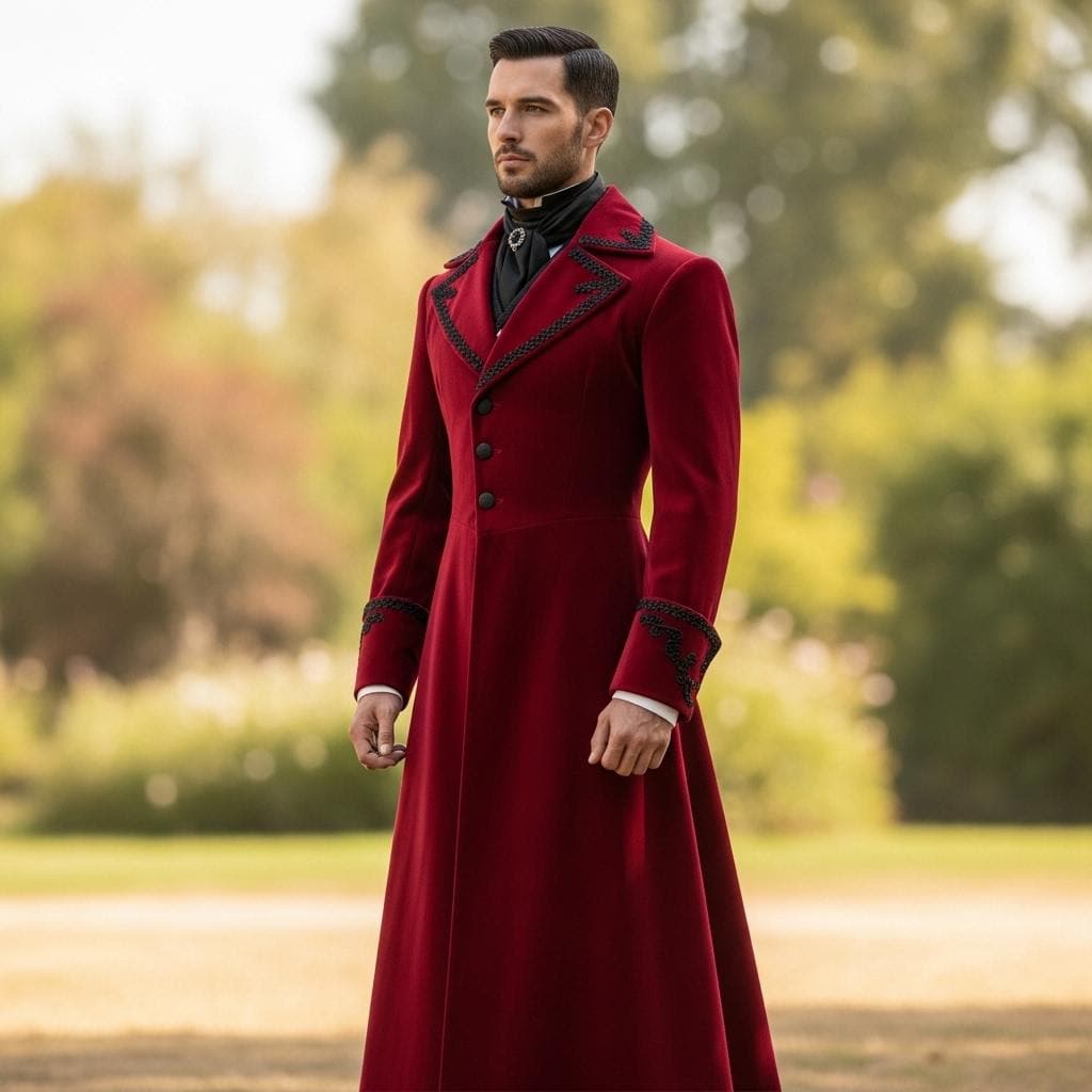 Victorian Gothic Vampire Trench Coat | Red Embroidered Steampunk