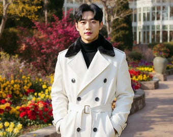 Handgefertigter weißer Luxusleder Trenchcoat mit Pelzkragen - Herren Vintage Echtleder Langer Mantel, klassische Winter Lammfelljacke