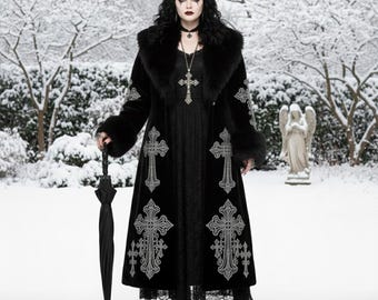 Gothic Velvet Long Coat | Embroidered Cross Fur Trim Steampunk Jacket