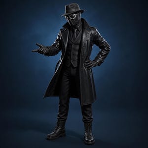 K&ouml;nnte beinhalten: Eine Ganzk&ouml;rperfigur in einem komplett schwarzen Outfit, bestehend aus einem langen Trenchcoat, einem Hemd, einer Weste, einer Krawatte und einer Hose. Das Ensemble umfasst einen Fedora-Hut, eine runde Schutzbrille, strukturierte Handschuhe und Schn&uuml;rstiefel.