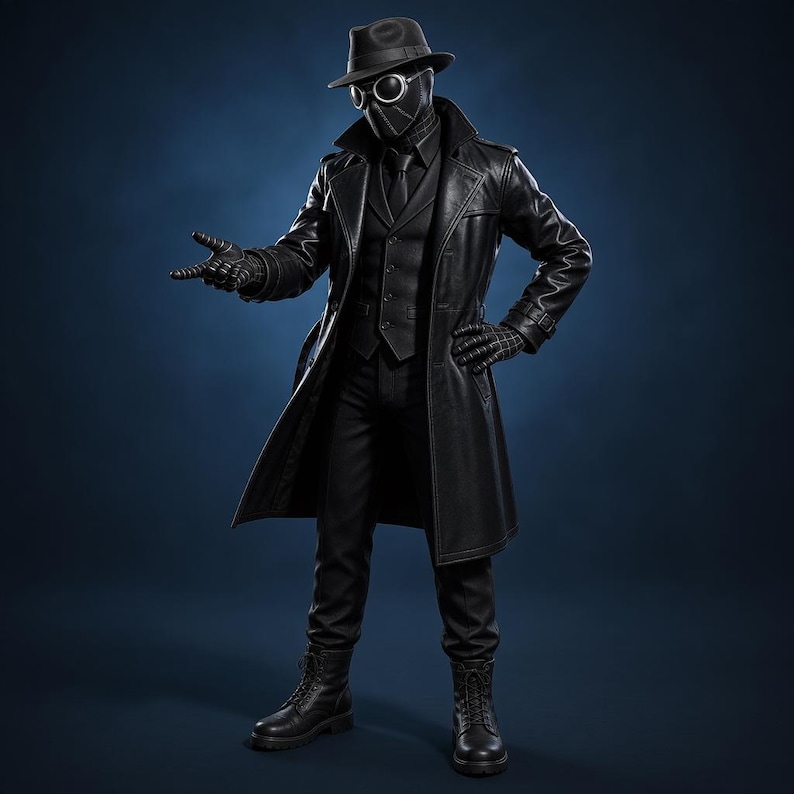 K&ouml;nnte beinhalten: Eine Ganzk&ouml;rperfigur in einem komplett schwarzen Outfit, bestehend aus einem langen Trenchcoat, einem Hemd, einer Weste, einer Krawatte und einer Hose. Das Ensemble umfasst einen Fedora-Hut, eine runde Schutzbrille, strukturierte Handschuhe und Schn&uuml;rstiefel.