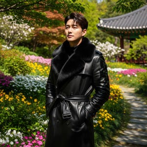 May include: A black leather trench coat with a fur collar and a belted waist. The coat is double-breasted and has a classic design. The background features a garden with colorful flowers and a traditional building.
