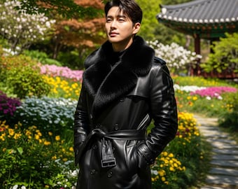 Handmade Luxury Black Leather Trench Coat, Men's Vintage Long Coat, Black Leather Coat with Fur Collar, Shearling Real Leather Jacket