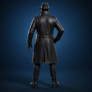 K&ouml;nnte beinhalten: Ein schwarzer Trenchcoat mit G&uuml;rtel in der Taille, langen &Auml;rmeln und strukturiertem Kragen, kombiniert mit einem passenden Fedora-Hut, dunklen Handschuhen, einer schmal geschnittenen Hose und robusten Stiefeln, von hinten vor blauem Hintergrund.
