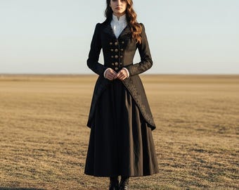 Womens Gothic Victorian Cotton Blend Coat, Embroidered Steampunk Jacket