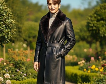 Luxury Vintage Black Leather Trench Coat with Fur Collar for Men, Handmade Leather Long Coat, Winter Overcoat, Elegant Jacket