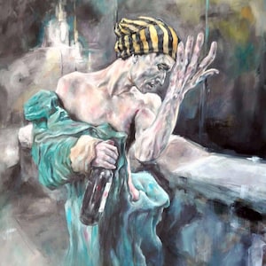 Peut inclure: Peinture à l'huile représentant une personne avec un chapeau rayé jaune et noir, tenant une bouteille de vin. La figure est drapée d'une robe turquoise, avec une expression sombre et une main levée. L'arrière-plan est un mélange de tons sombres et clairs.